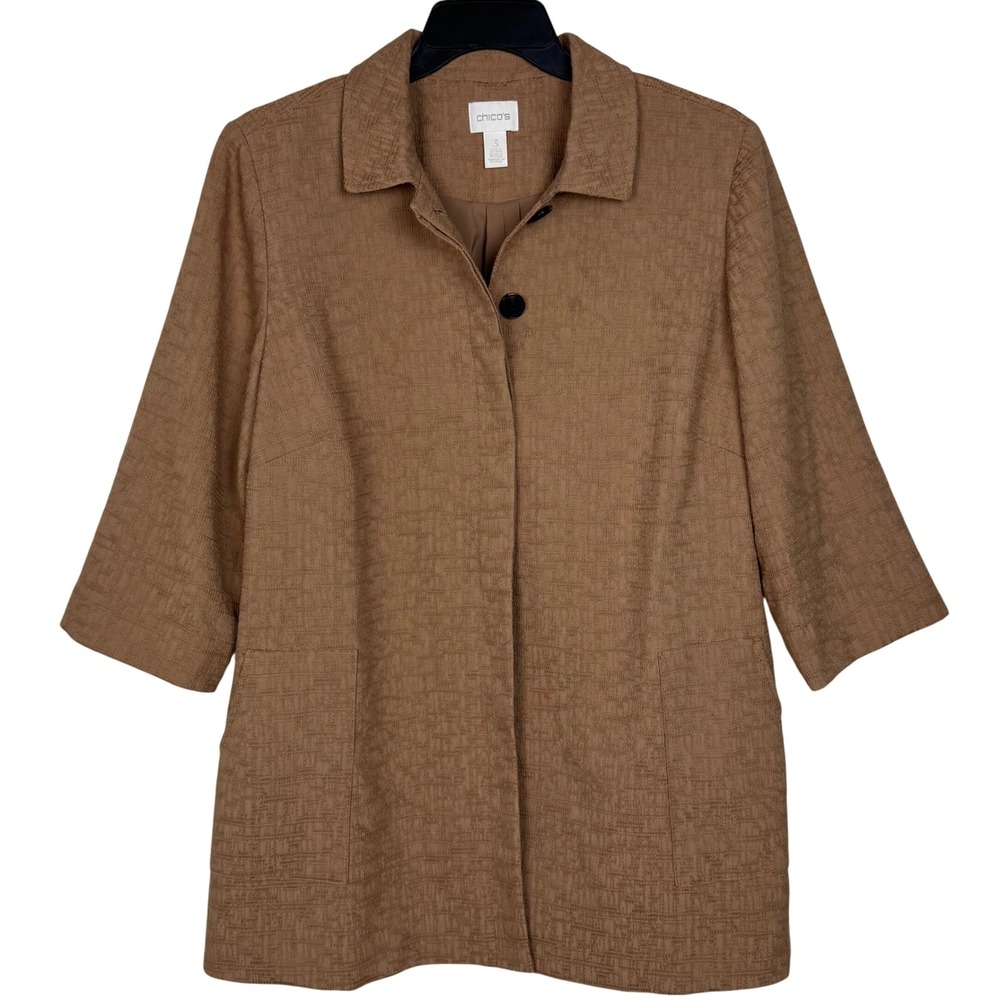 Chico's Textured Jacquard Jacket 3/4 Sleeve Professional Women 3 / XL Brown